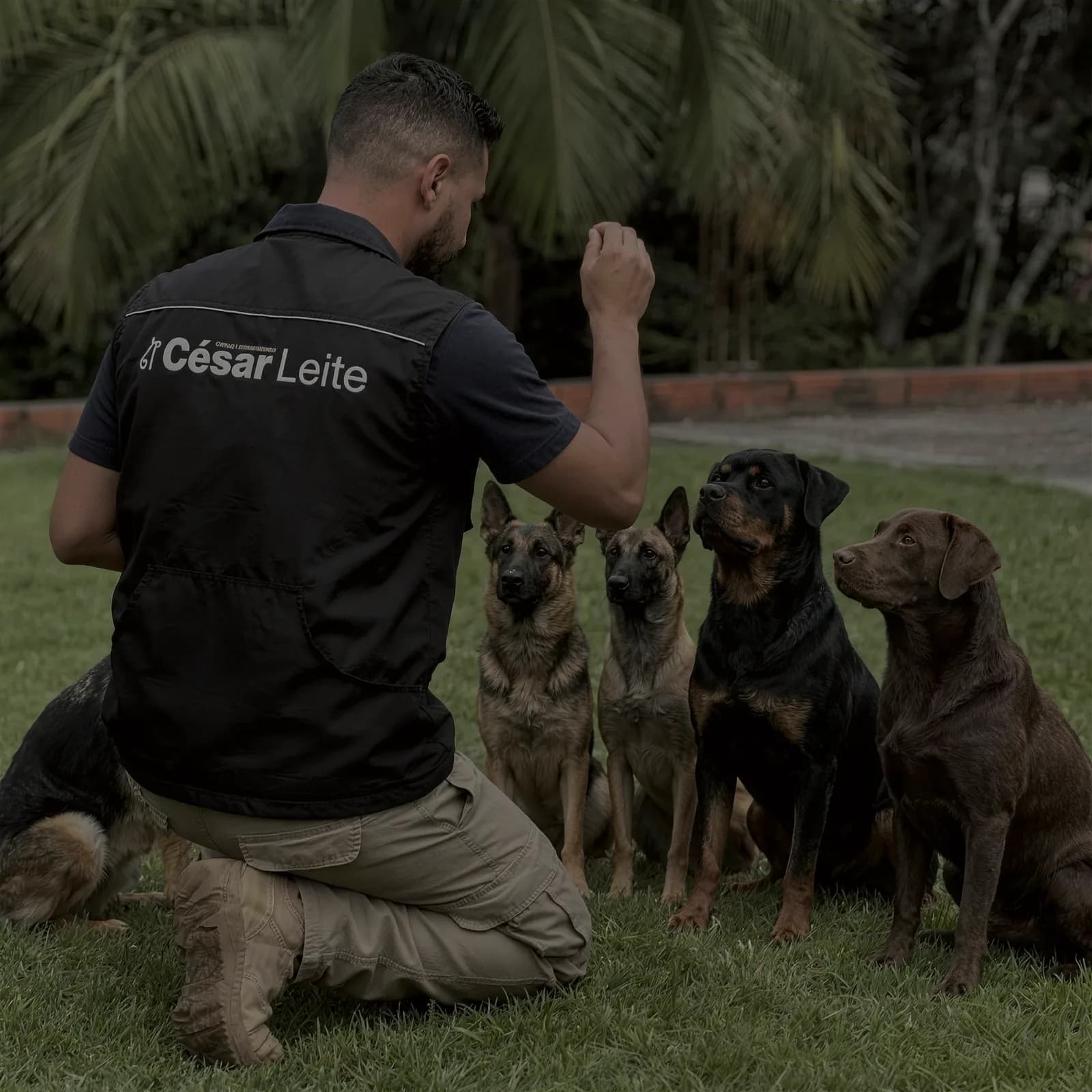 César Leite de colete preto com a marca Método César Leite nas costas, ajoelhado na grama com a mão erguida num comando, e quatro cães grandes sentados olhando pra ele: um pastor alemão, um pastor belga malinois, um rottweiler e um labrador chocolate